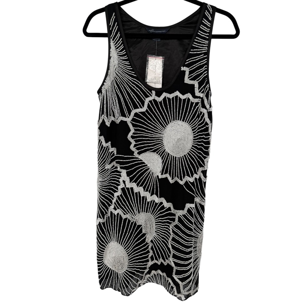 NWT French Connection Black White Beaded Sequin Sunburst Gatsby Shift Dress Sz 4
